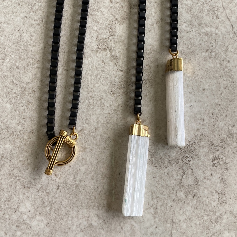 Black metal and selenite wrap necklace
